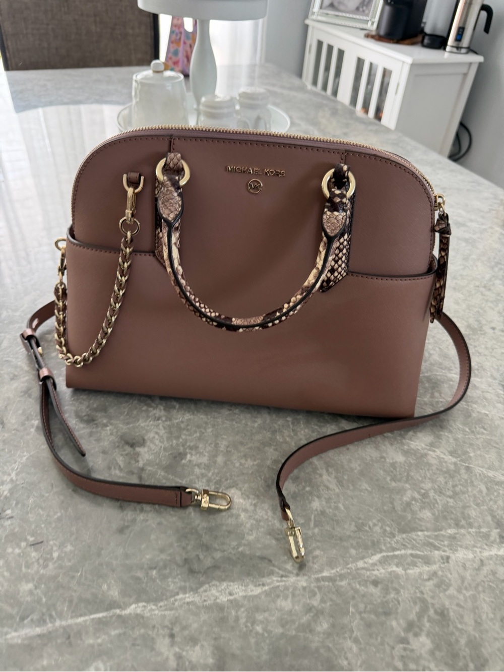 Michael Kors Rose Taupe Dome Satchel with Snake-Trim Handles